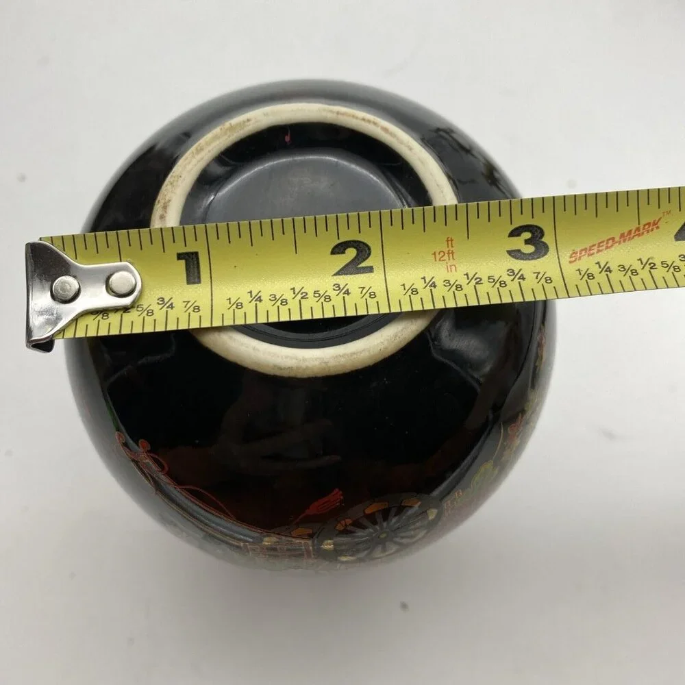 Vintage Japanese Black Floral Ceramic Vase‎ Ruffled Rim Gold Trim Cottagecore